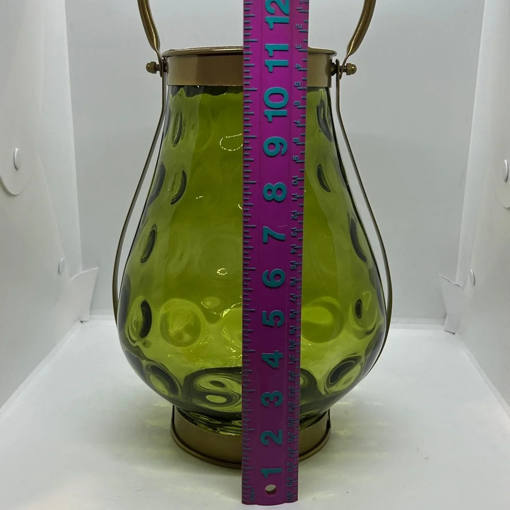 Green Glass With Gold Metal Handle Candle Holder 11” Decor